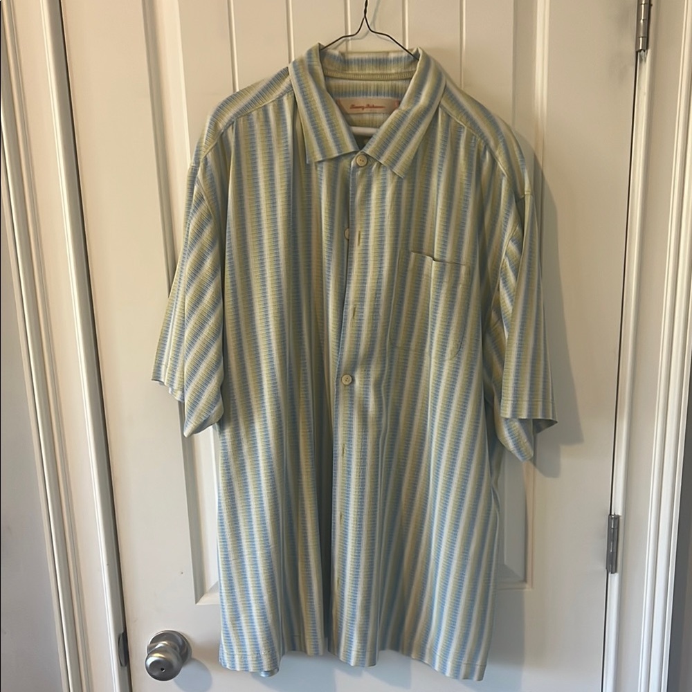 100% Silk Tommy Bahama Casual Blue and Yellow Button Down Shirt
